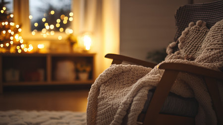 Close-up of a cozy corner with a rocking chair, a baby blanket draped over it, and a glowing lamp in the background. No people included.の素材