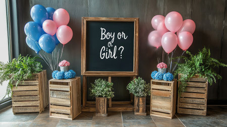Rustic-themed gender reveal setup with wooden crates, pink and blue balloons, and a chalkboard sign reading "Boy or Girl?"の素材