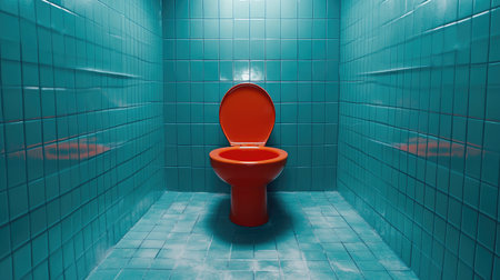 Single orange toilet surrounded by a completely cyan-tiled room, creating a striking monochromatic contrast.の素材