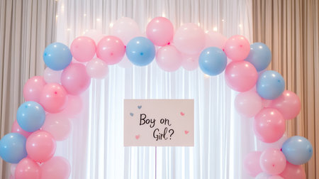 Balloon arch in pink and blue with a "Boy or Girl?" sign at the center, set against a white curtain backdrop with subtle fairy lights.の素材