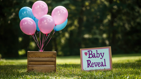 Close-up of pink and blue helium balloons tied to a wooden crate, with a "Baby Reveal" sign propped nearby on a grassy lawn.の素材