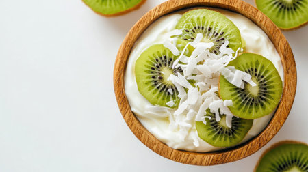 Wooden cup filled with yogurt, fresh kiwi slices, and shredded coconut, placed on a crisp white backdrop.の素材