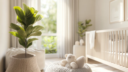 Soft-focus image of a neutral-colored nursery setup: crib, plush toys, and a small plant in the corner with natural light filtering in.の素材