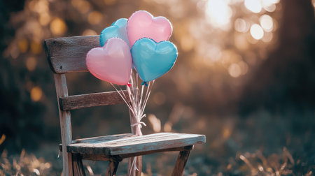 Heart-shaped balloons in pink and blue tied to a rustic wooden chair, set outdoors with soft sunlight filtering through.の素材