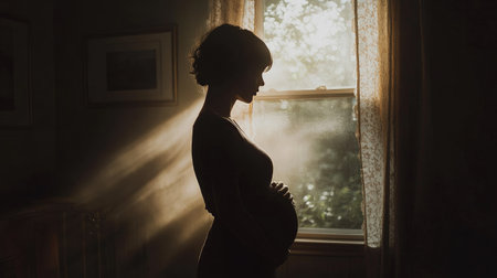 Silhouette of a pregnant woman standing by a window with sunlight streaming through, highlighting her belly. No face shown.の素材