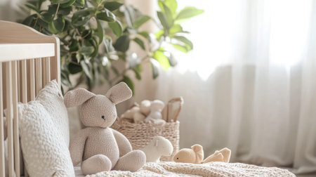 Soft-focus image of a neutral-colored nursery setup: crib, plush toys, and a small plant in the corner with natural light filtering in.の素材