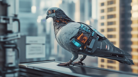 Side view of a robotic pigeon standing on a rooftop, with mechanical wings and digital sensors, in a modern cityscape setting.の素材