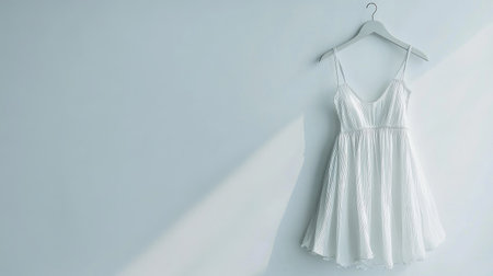 Flowing white summer dress displayed on a hanger, set against a bright white background, minimalist aesthetic.の素材