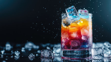 A close-up of a cocktail glass with colorful drink layers and ice cubes, surrounded by frosty ice and a plain black background.の素材