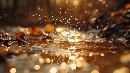 Close-up of melting snow revealing tiny water droplets, illuminated by sunlight for a natural, fresh winter aesthetic.の素材