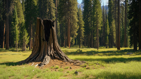 Dying tree with a split trunk, standing amid vibrant green trees, contrasting life and decay in a forest setting.の素材