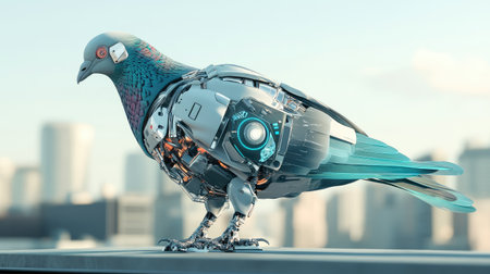 Side view of a robotic pigeon standing on a rooftop, with mechanical wings and digital sensors, in a modern cityscape setting.の素材