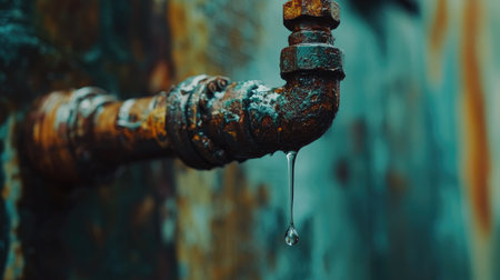 Rusted metal water pipe with a dripping faucet, close-up focusing on the water droplet against a blurred background.の素材