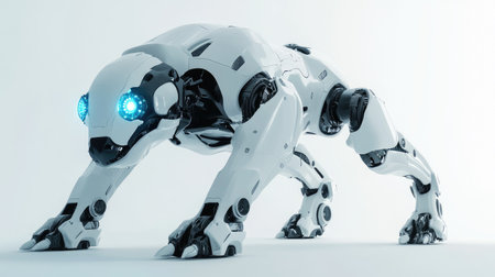 Robot dog with glowing LED eyes and a high-tech finish, standing in a minimalist room with a white backdrop.の素材