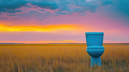 A lonely blue toilet standing outdoors on a bright yellow field with a dramatic, colorful sunset sky in the background.の素材