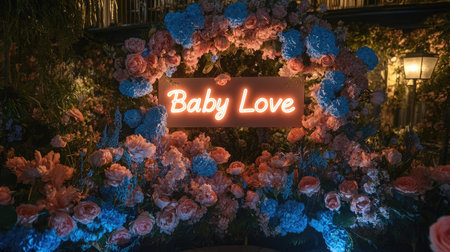 A garden backdrop with a floral garland in shades of pink and blue, and a neon sign reading "Baby Love" glowing in the center.の素材
