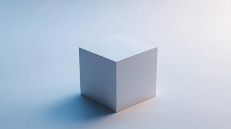 Simple cube-shaped platform in matte white, centered on a seamless light gray background with a soft shadow effect.の素材