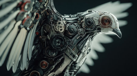 Close-up of a robotic pigeon mechanical wings, showcasing intricate joints and gears, with soft ambient lighting.の素材