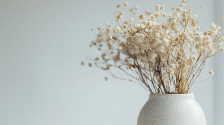 A close-up of a small vase with dried flowers, set on a white background to highlight the intricate textures and muted tones.の素材