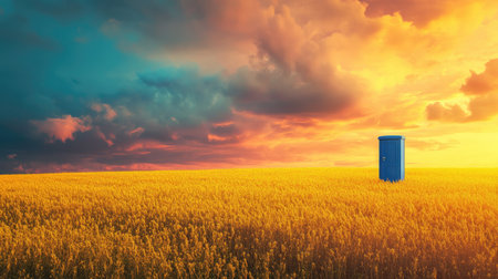 A lonely blue toilet standing outdoors on a bright yellow field with a dramatic, colorful sunset sky in the background.の素材
