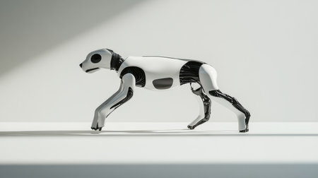 Robot dog in a dynamic running pose, captured mid-motion on a clean white surface with subtle shadows.の素材