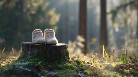 A serene nature scene with a pair of baby booties placed on a tree stump, symbolizing new beginnings. No people included.の素材