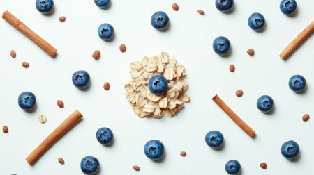 Flat lay of oatmeal decorated with blueberries and a cinnamon stick, centered on a white, uncluttered surface.の素材