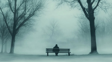 A lone figure sitting on a bench in an empty park, surrounded by mist and bare trees, evoking solitude and reflection.の素材
