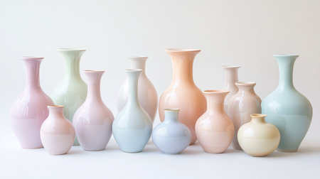 A collection of vintage vases in different sizes and pastel colors, arranged neatly on a plain white backdrop.の素材