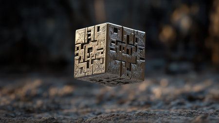 A 3D render of a Crossmatic puzzle cube with metallic textures and engraved patterns, hovering mid-air.の素材