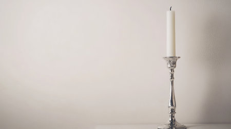 A classic silver candlestick with a tall white candle, elegantly placed on a clean white background.の素材