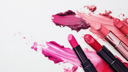 A creative flat lay of lipsticks and swatches, with each shade artistically drawn on a white background.の素材