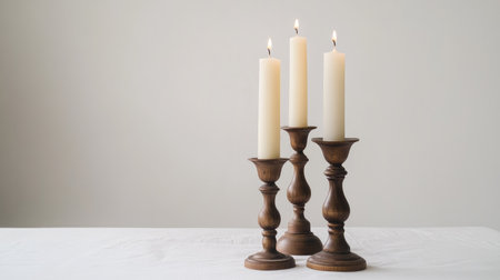 A trio of candlesticks in varying heights, arranged elegantly with unlit candles, on a clean white canvas.の素材