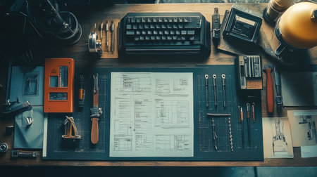 A creative flat lay of Crossmatic tools, instruction cards, and futuristic design schematics on a desk.の素材