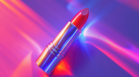 A lipstick with a holographic casing, reflecting light, placed diagonally with its tip pointing upward.の素材