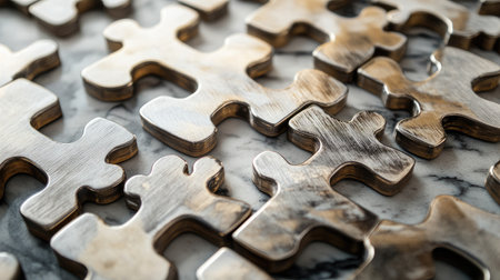 Macro shot of intricate Crossmatic puzzle tiles made of brushed metal, placed on a marble background.の素材