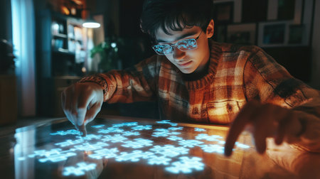 A young adult solving a Crossmatic puzzle projected as an augmented reality hologram on a tablet.の素材