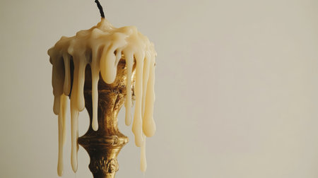 A vintage brass candlestick with a partially melted candle, wax drips frozen in detail against a white backdrop.の素材
