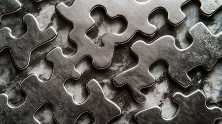 Macro shot of intricate Crossmatic puzzle tiles made of brushed metal, placed on a marble background.の素材