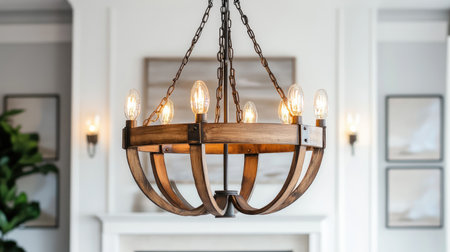 A rustic wooden chandelier with exposed bulbs and wrought iron accents, displayed on a white canvas.の素材