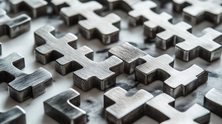 Macro shot of intricate Crossmatic puzzle tiles made of brushed metal, placed on a marble background.の素材