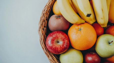 Close-up of fresh fruits like apples, bananas, and oranges arranged in a basket on a white background, vibrant colors and textures highlightedの素材