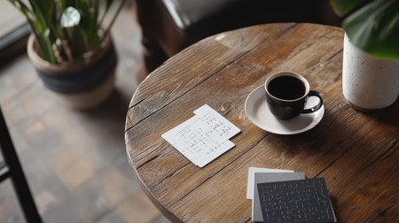 A clean minimalist setup with Crossmatic puzzle cards and a cup of coffee on a wooden table.の素材
