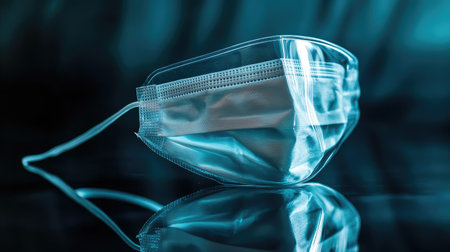 A transparent shield mask resting on a reflective surface, showcasing innovative germ prevention methods.の素材