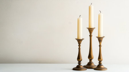 A trio of candlesticks in varying heights, arranged elegantly with unlit candles, on a clean white canvas.の素材