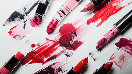 A creative flat lay of lipsticks and swatches, with each shade artistically drawn on a white background.の素材