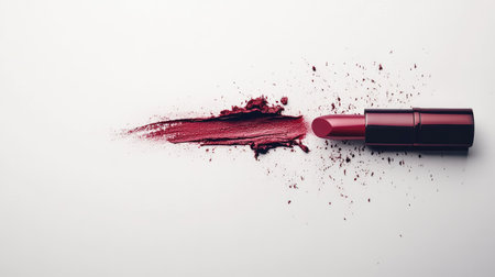 A single lipstick tube lying horizontally with its tip delicately smeared on the white background.の素材