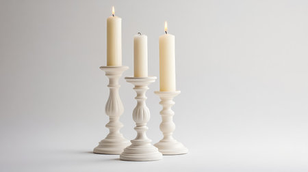 A trio of candlesticks in varying heights, arranged elegantly with unlit candles, on a clean white canvas.の素材