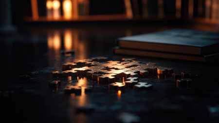 A Crossmatic puzzle partially solved, with scattered tiles glowing faintly, placed on a reflective surface.の素材