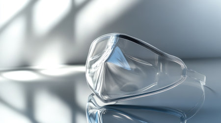 A transparent shield mask resting on a reflective surface, showcasing innovative germ prevention methods.の素材